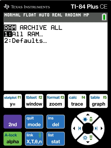 Full reset of the TI-84 calculator